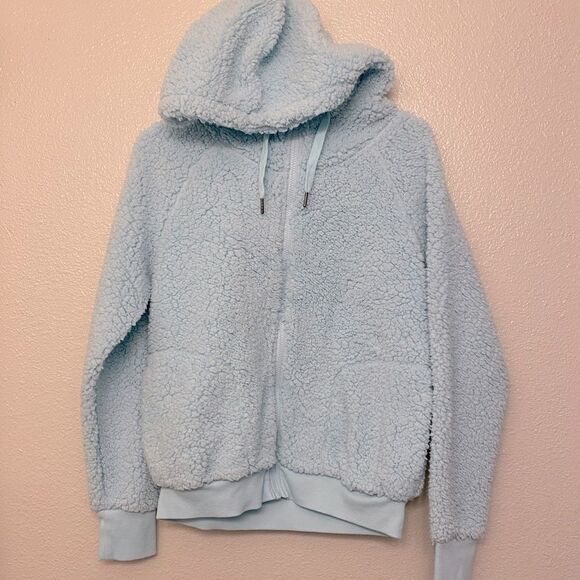Z by Zella light blue faux Sherpa shearling Aura teddy full zip hoodie jacket -M - Picture 1 of 10